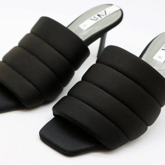 Zara Padded Quilted Slip On Slide Heel Mules Sandals 36 Black Square Toe Comfy - Picture 11 of 16